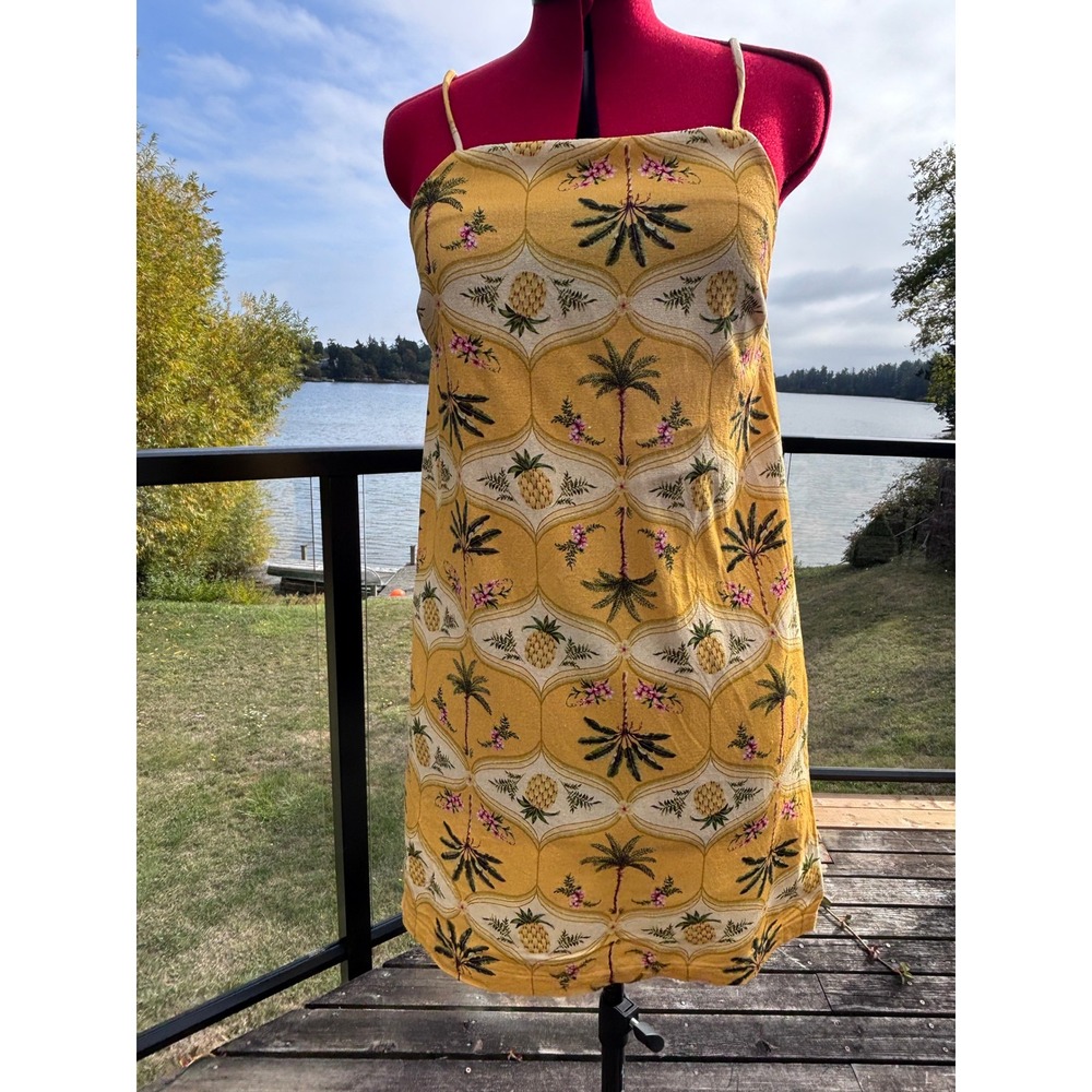 Monteau Los Angeles mini linen blend dress sz S yellow tropical pineapple print